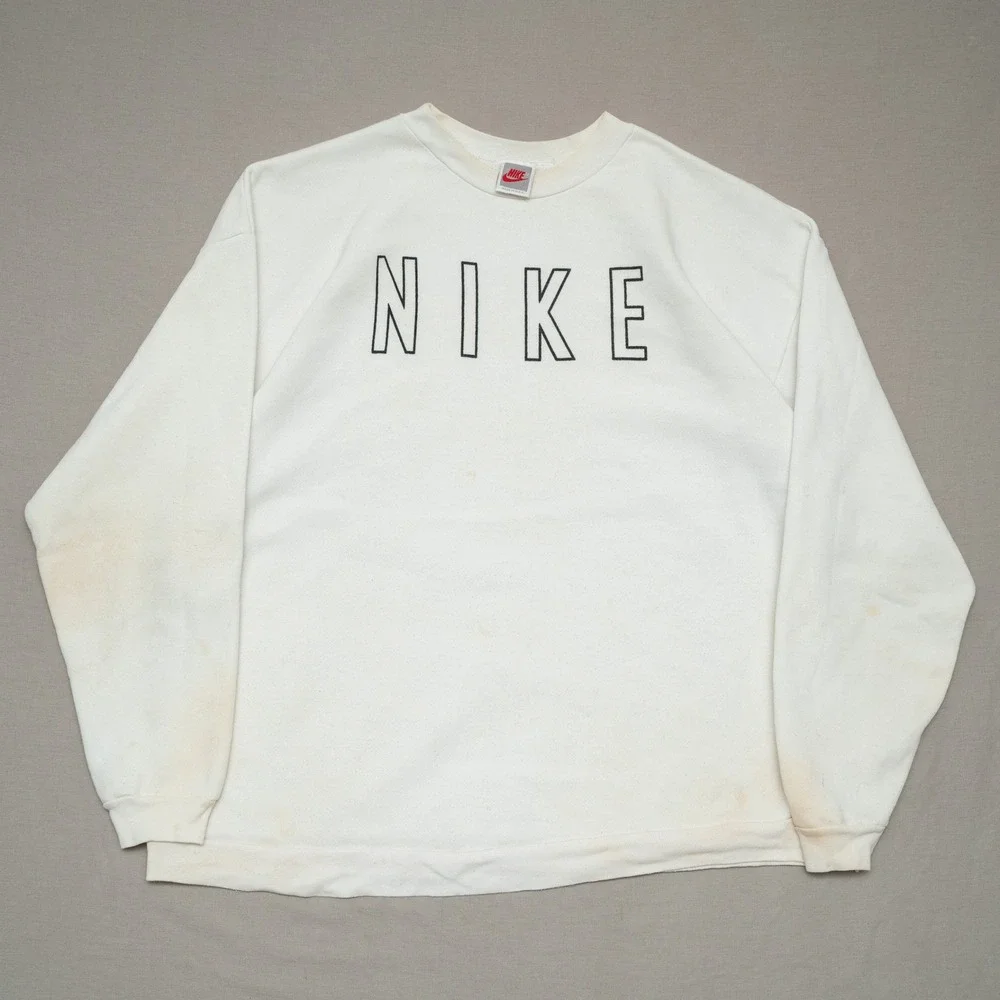 Vintage 90s USA Made Nike Spellout Crewneck Sweatshirt White Distressed XXL‎